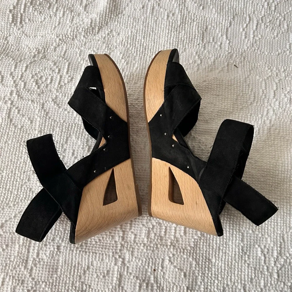 Eileen Fisher Black Suede Wood Platform Cutout Wedge Studded Sandals Size 7‎